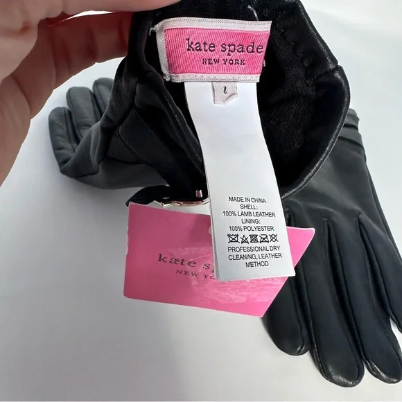 Kate Spade NY Black Lamb Leather Gloves Silver Logo Buckle Sz L - Picture 4 of 8